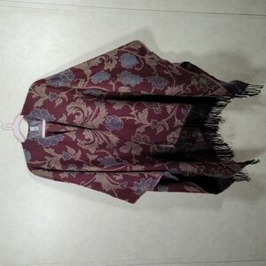 2/$10 04502 Accessory Street burgundy, blue & tan sweater knit poncho O/S